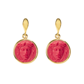 Серьги Medusa красные из бронзы с покрытием желтым золотом, Цвет: красный, фото