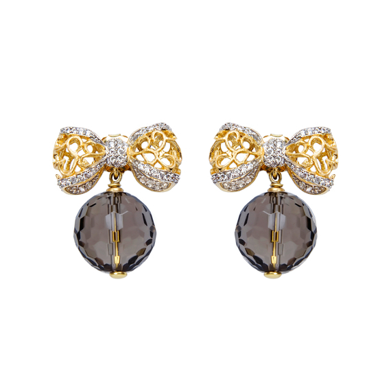 Серьги Bonton из серебра 925 с кварцем дымчатым и покрытием желтым золотом, Вставка: кварц, фото