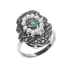 Кольцо Stile antico из серебра 925 с жемчугом, агатом и марказитами, фотография — Stile.me