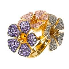 Кольцо Tiara розовое из серебра 925 с покрытием желтым золотом, Цвет: розовый, Размер: 18, фотография — Stile.me