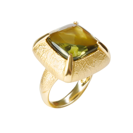 Кольцо Vetro из серебра 925 с темно-зеленым ювелирным стеклом и покрытием желтым золотом, Цвет: золотой, фото