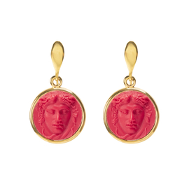 Серьги Medusa красные из бронзы с покрытием желтым золотом, Цвет: красный, фото