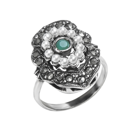 Кольцо Stile antico из серебра 925 с жемчугом, агатом и марказитами, фото
