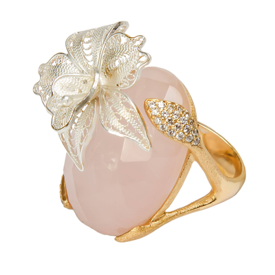 Кольцо Giglio из серебра 925 с розовым агатом и покрытием желтым золотом и белым родием, Цвет: розовый, фото