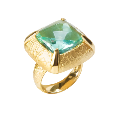 Кольцо Vetro из серебра 925 с зеленым ювелирным стеклом и покрытием желтым золотом, Цвет: зеленый, фото