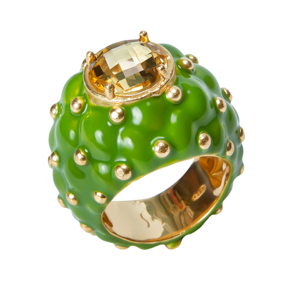 Кольцо Gecko из серебра 925 с цитрином и покрытием желтым золотом, Цвет: зеленый, Размер: 17, фото