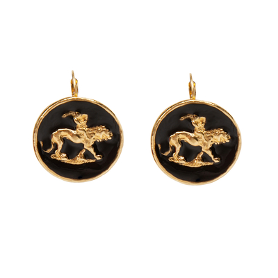 Серьги Leone из серебра 925 с эмалью и покрытием желтым золотом, Цвет: черный, фото