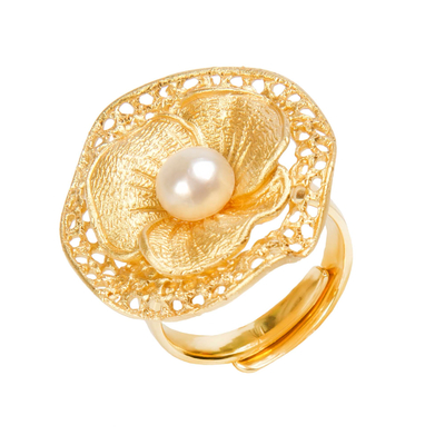 Кольцо Primavera из серебра 925 с жемчугом и покрытием желтым золотом, фото