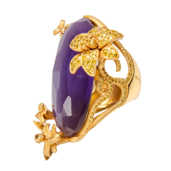 Кольцо Giardini di Marzo из серебра 925 с фиолетовым кошачьим глазом и покрытием желтым золотом, Цвет: фиолетовый, Размер: 17.5, фото