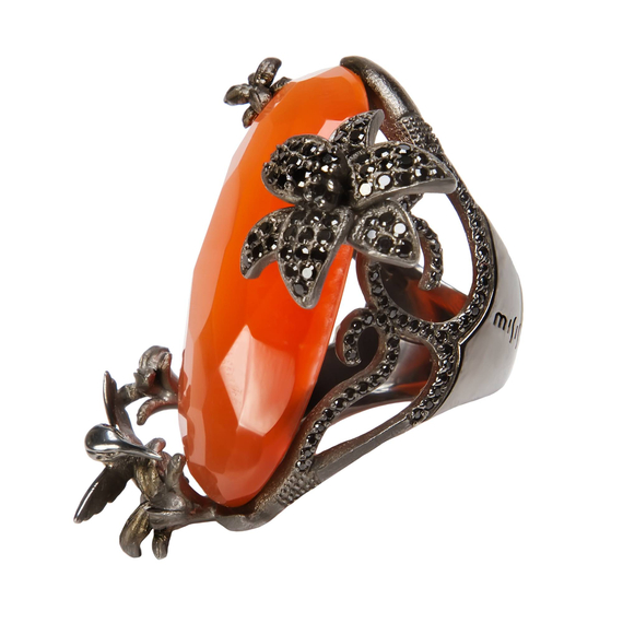 Кольцо Giardini di Marzo из серебра 925 с оранжевым кошачьим глазом и покрытием черным родием, Цвет: оранжевый, Размер: 17, фото