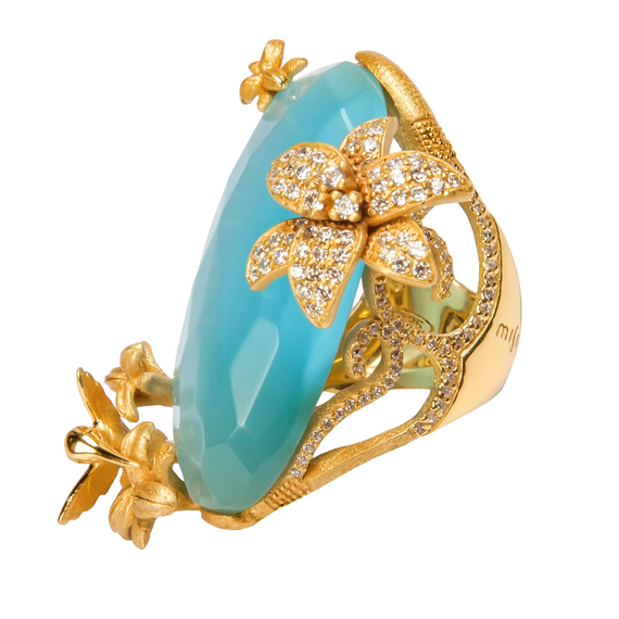 Кольцо Giardini di Marzo из серебра 925 с синим кошачьим глазом и покрытием желтым золотом, Цвет: голубой, Размер: 17.5, фото