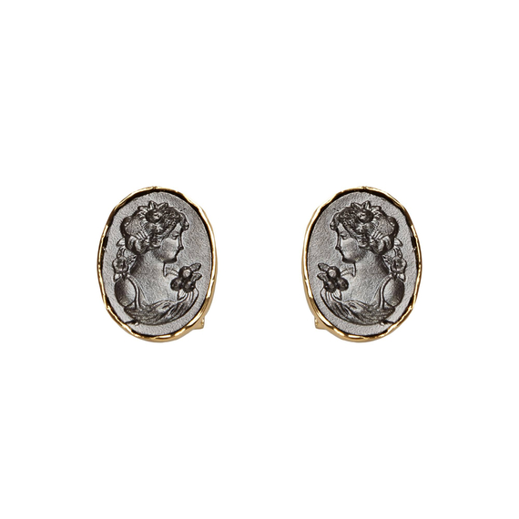 Серьги Cameo маленькие из серебра 925 с черным родием и желтым золотом, фото