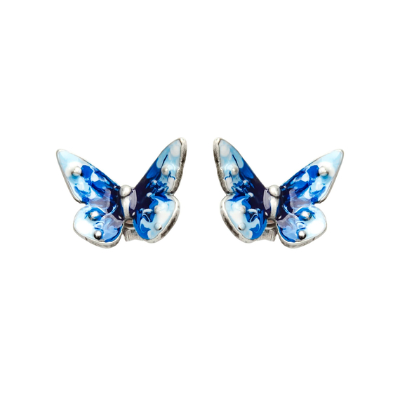 Серьги пусеты Flutter большие из серебра 925 с голубой эмалью, Цвет: голубой, фото
