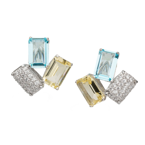 Серьги Caramella из серебра 925 с ювелирным стеклом, кубиком циркония и покрытием белым родием, фото