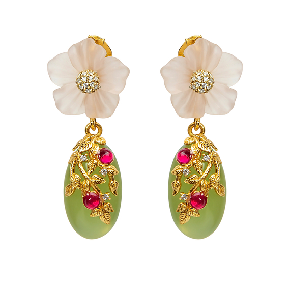 Серьги Lelia зеленые из серебра 925 с кварцем, корундом и покрытием желтым золотом, Цвет: зеленый, фото