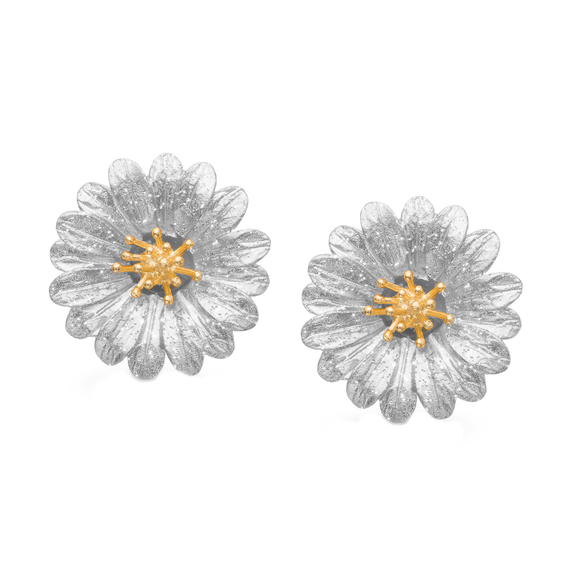 Серьги Gerbera из серебра 925 с покрытием белым родием и желтым золотом, Цвет: серебристо-золотой, фото
