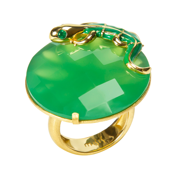 Кольцо Lucky gecko из серебра 925 с агатом и покрытием желтым золотом, Цвет: золотой, Размер: 17.5, фото