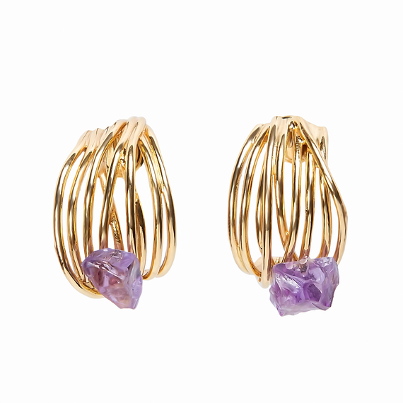 Серьги Frappa из серебра 925 с аметистом и покрытием желтым золотом, Вставка: аметист, фото