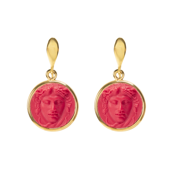 Серьги Medusa красные из бронзы с покрытием желтым золотом, Цвет: красный, фото