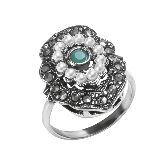 Кольцо Stile antico из серебра 925 с жемчугом, агатом и марказитами, фото